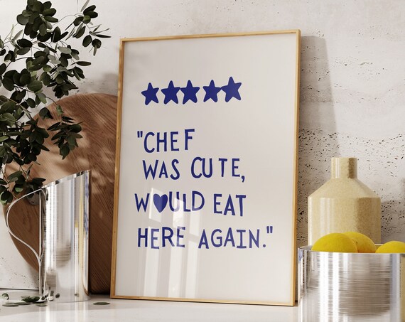 Aesthetic Kitchen Decor Cute Cooking Art Kitchen Wall Art Print Minimalist Heart Print Navy Chef Art Print 1 Print