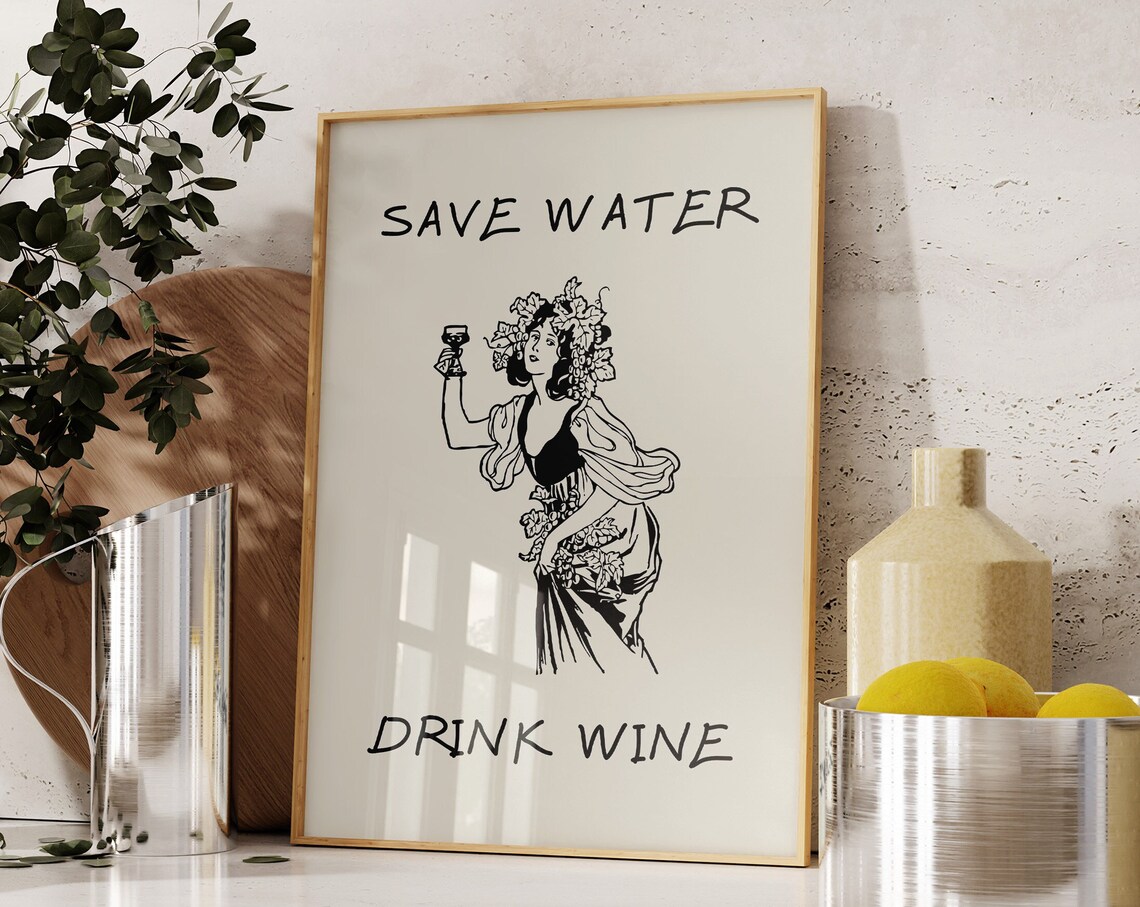 Save Water Drink Wine Funny Vintage Woman Bar Cart Art Poster