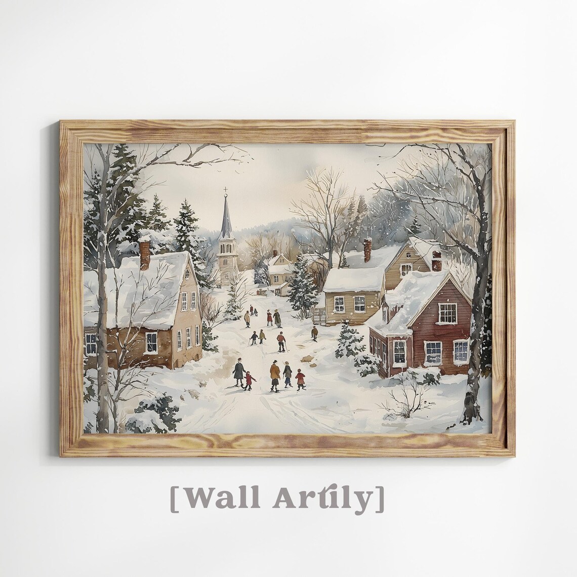 Snowy Village Street With Church And Houses Winter Watercolor Poster