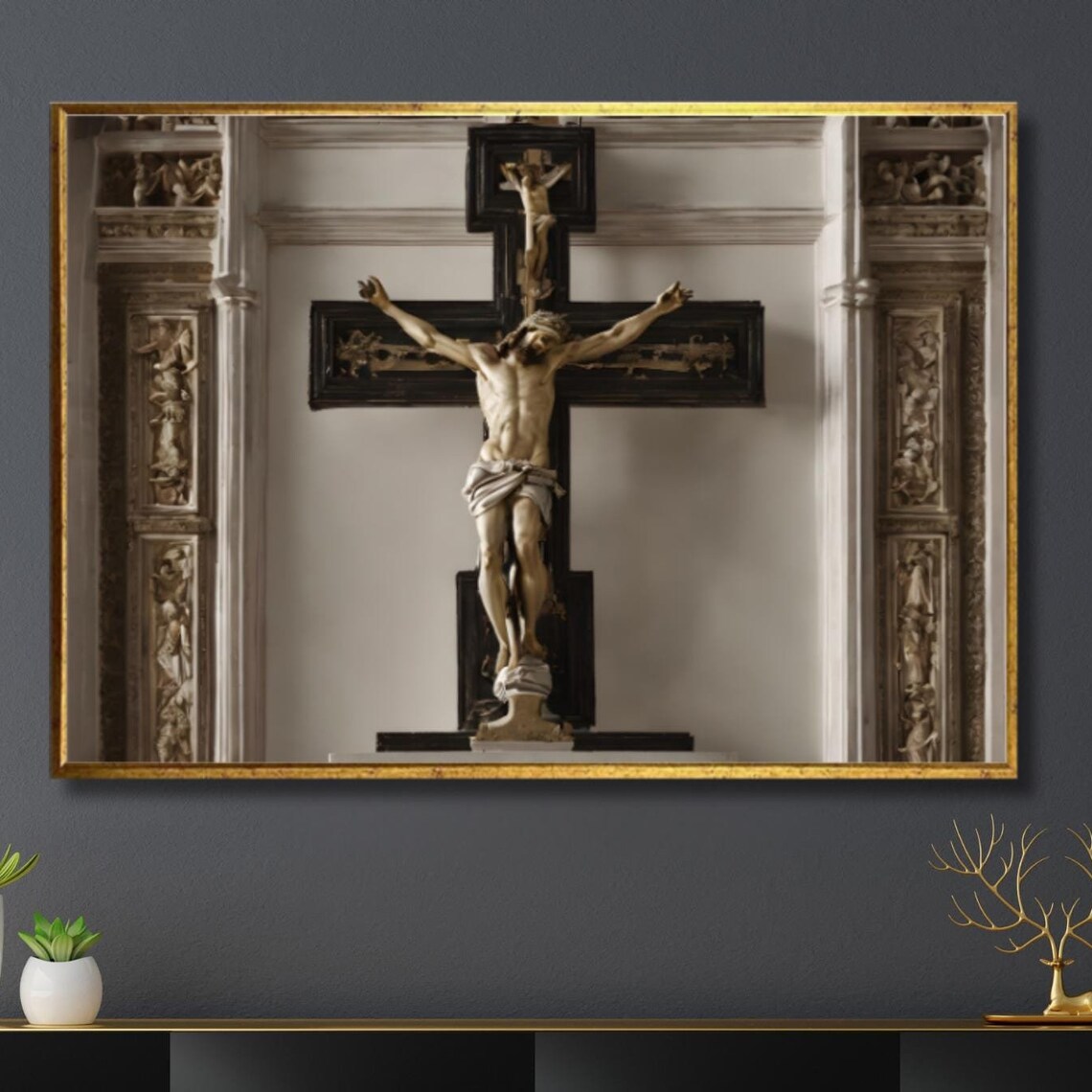 Crucified Jesus Christ Cross Church Statue Religious Art Poster