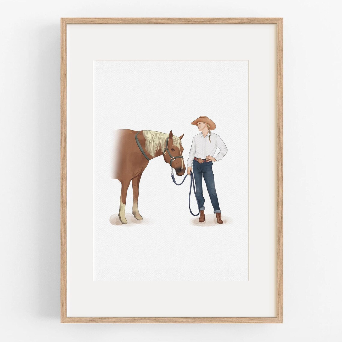Cowgirl with Chestnut Horse Custom Watercolor Portrait Poster