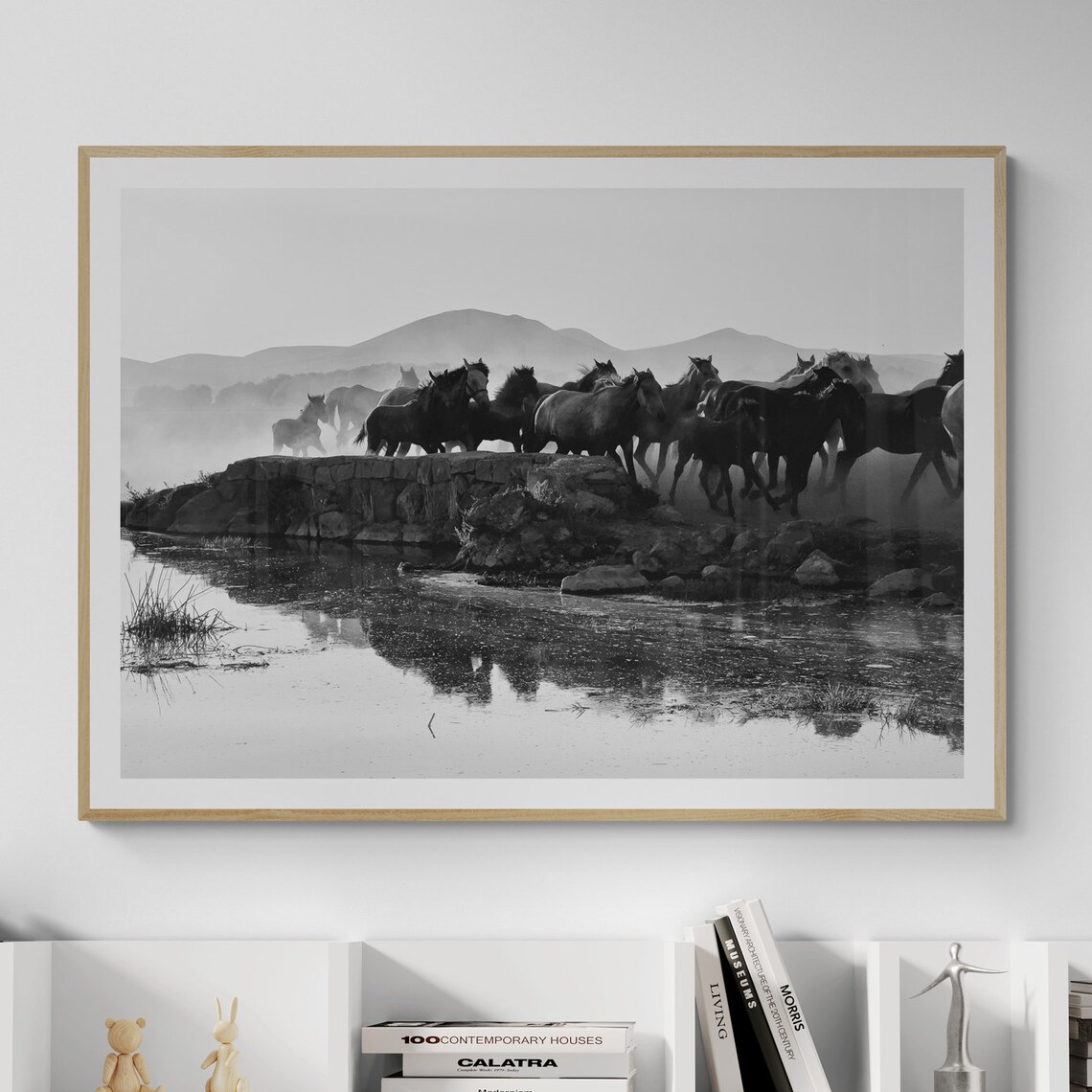 Wild Horses Black and White River Crossing Fine Art Photo Print