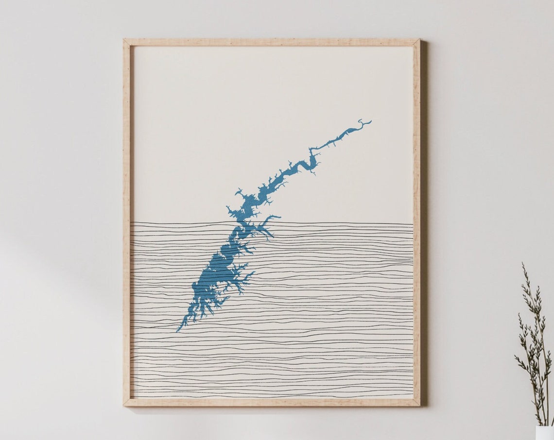 Boho Blue Lake Silhouette Map Minimalist Lakehouse Decor Wall Art