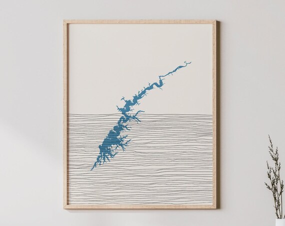 Boho Blue Lake Silhouette Map Minimalist Lakehouse Decor Wall Art