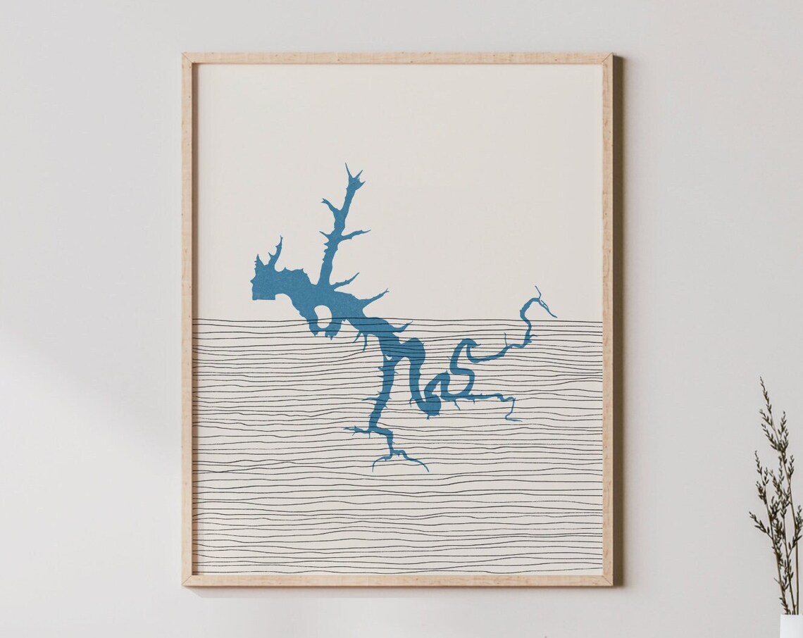Boho Blue Lake Silhouette Minimalist Line Map Lakehouse Wall Art