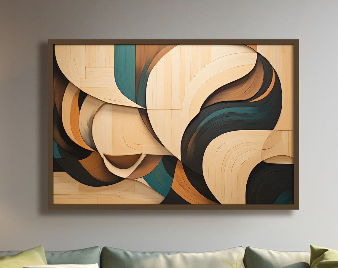 Wood Look Curved Panels Brown Teal Abstract Sculptural Wall Art Poster