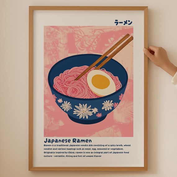 Japanese Ramen Educational Food Poster Pink Noodle Bowl Chopstick Artwork