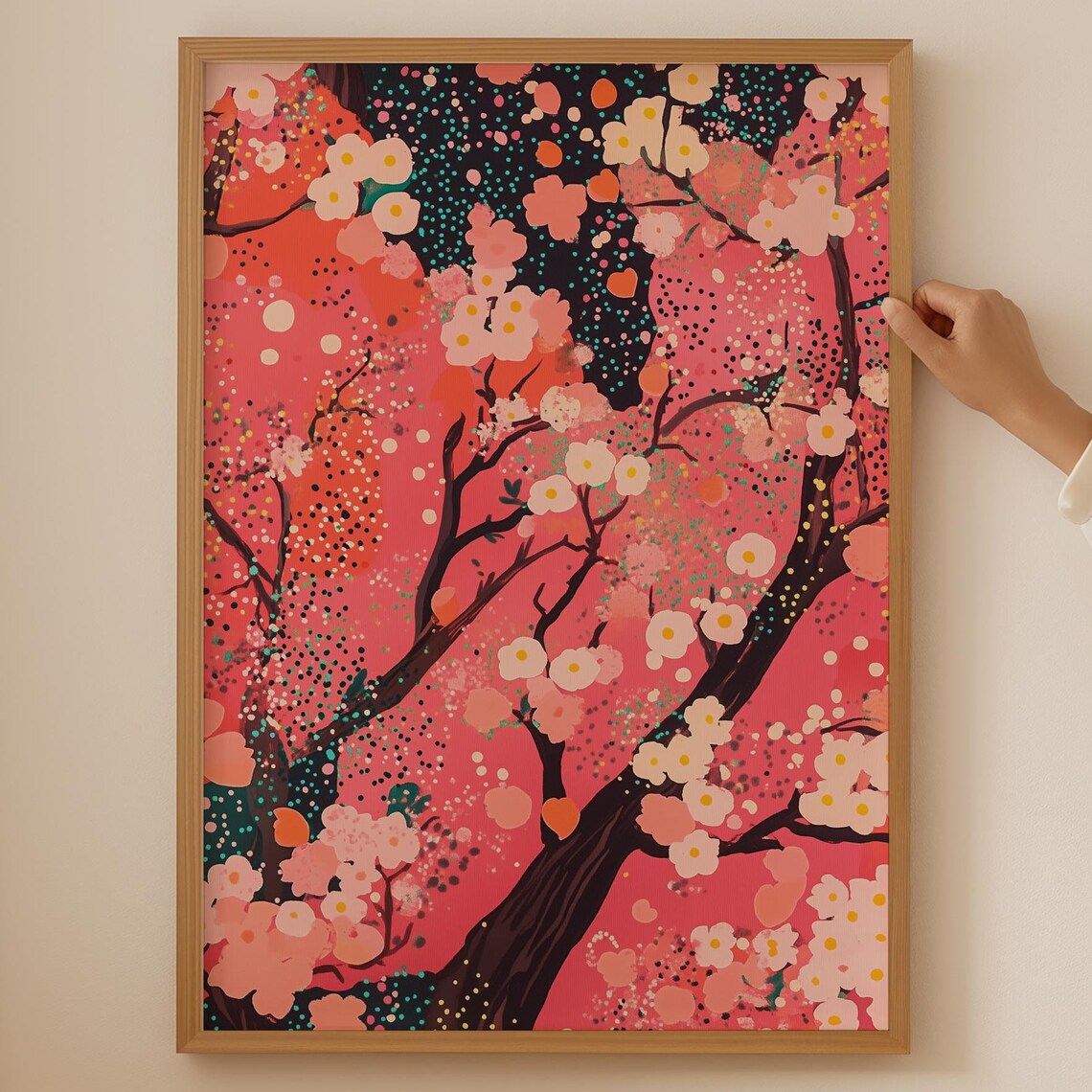 Pink Cherry Blossom Night Branches Japanese Floral Art Poster