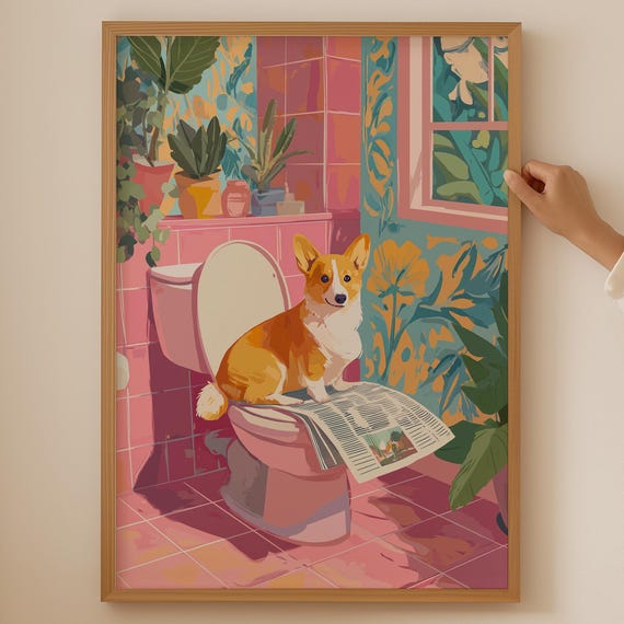 Trendy Corgi Poster Pink Dog Lover Wall Art For Funky Bathroom Decor Dopamine Toilet Print Funny Themed Gifts