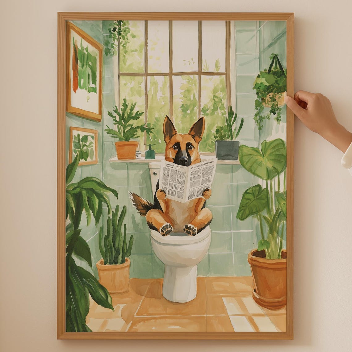 German Shepherd On Toilet Reading Funny Humor Bathroom Dog Poster