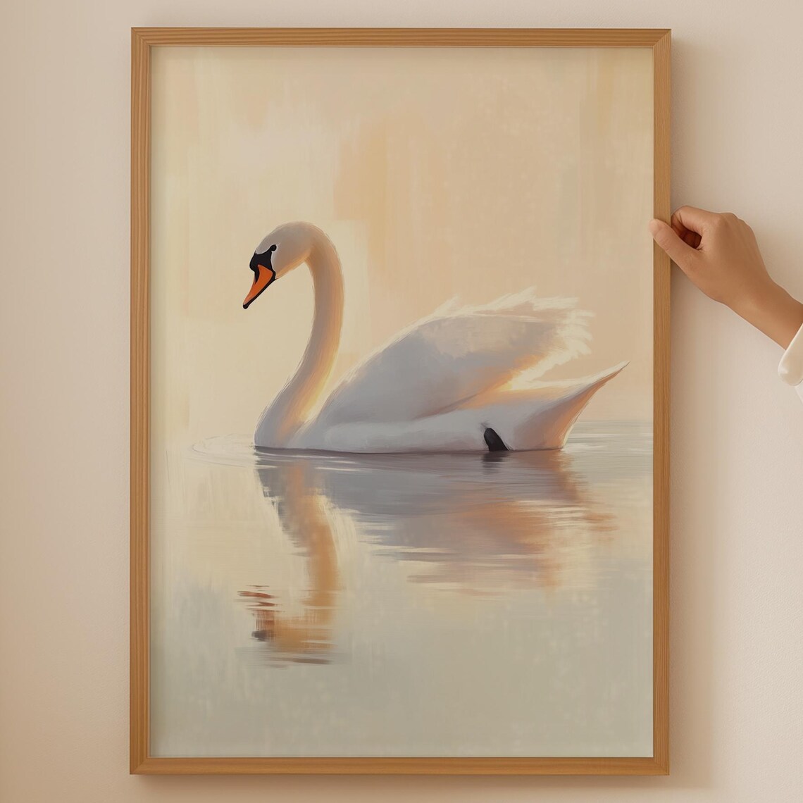 Elegant White Swan at Sunset Serene Watercolor Lake Wildlife Poster