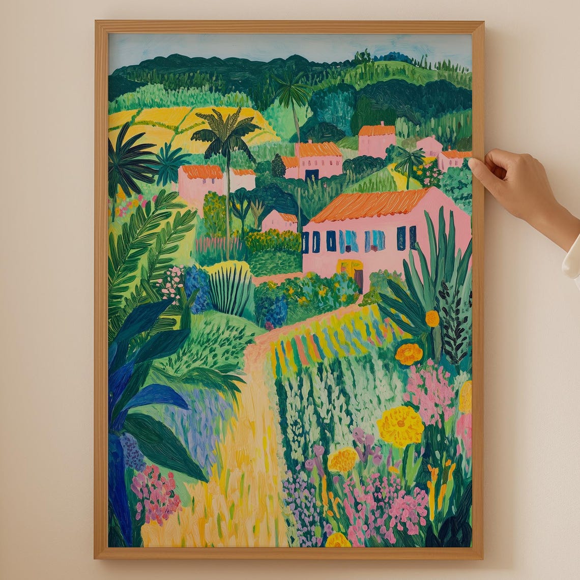Italian Hillside Village with Palm Trees Naive Painting Art Print