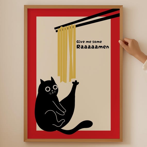Cute Japanese Cat And Ramen Poster Trendy Bowl Pasta Print For Asian Kitchen Room Decor Japandi Noodle Lover Wall Art Gift