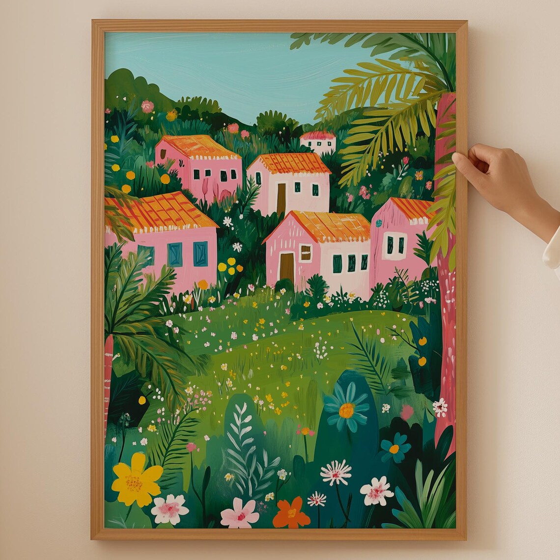Tropical Village Pink Houses Palm Trees Colorful Botanical Art Poster