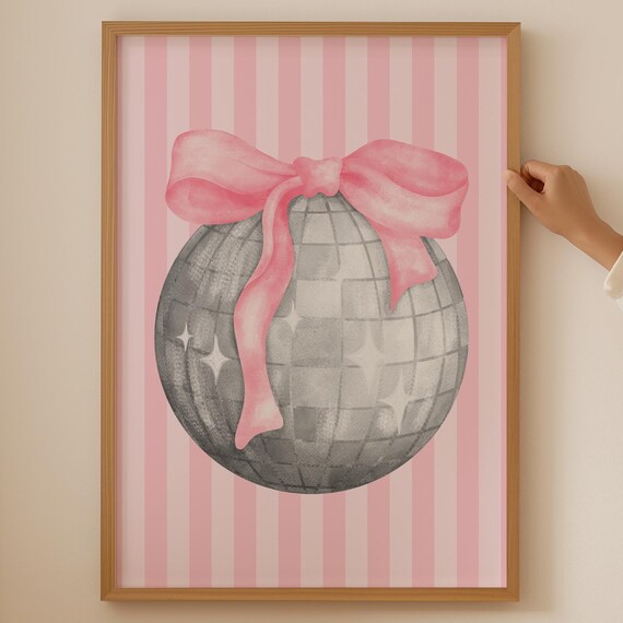 Silver Disco Ball With Pink Bow Retro Party Sparkle Art Poster