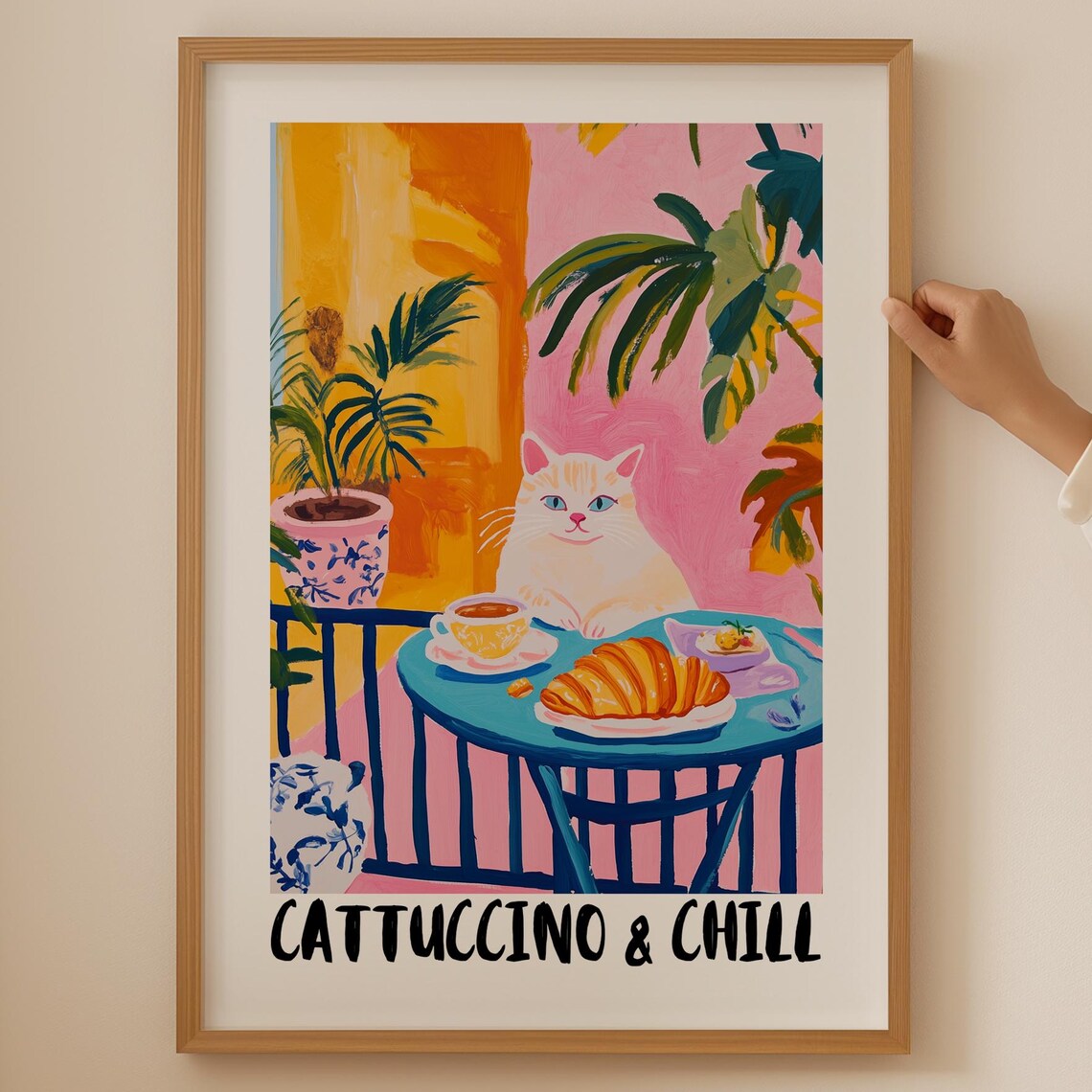 Cattuccino and Chill White Cat Croissant Coffee Pun Wall Poster