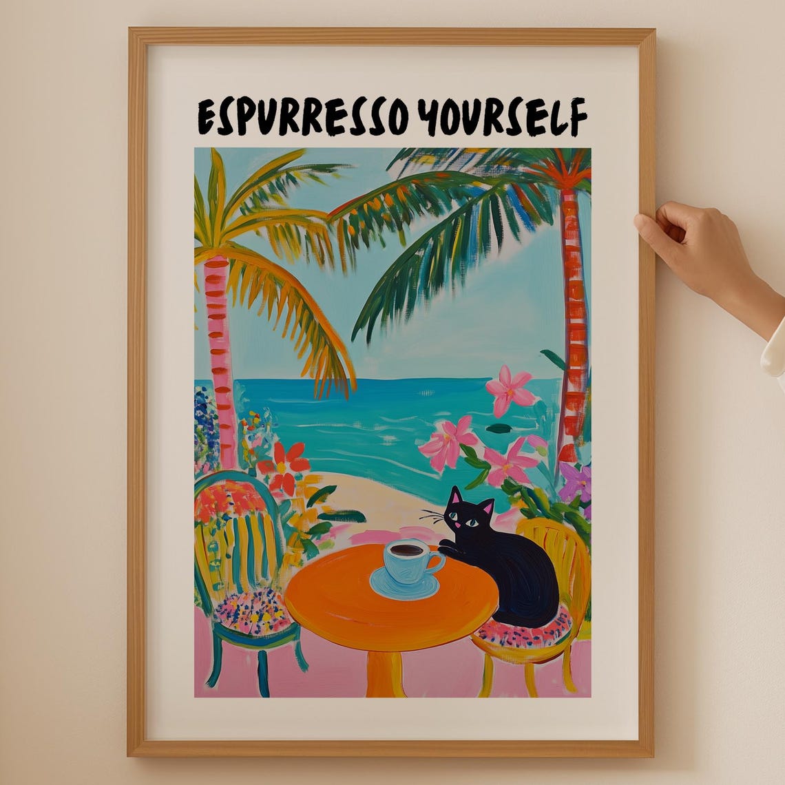 Espurreso Yourself Funny Black Cat Beach Coffee Pun Wall Poster
