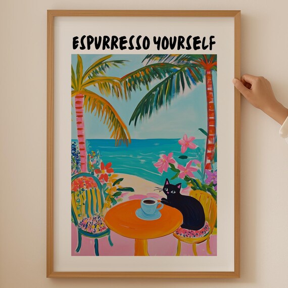 Espurreso Yourself Funny Black Cat Beach Coffee Pun Wall Poster