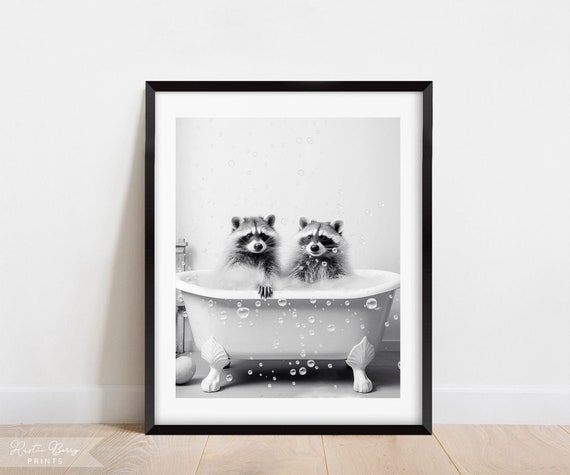 Raccoons Bubble Bath Art Black And White Wall Art Clawfoot Tub Home Decor Bathroom Decor Cute Instant