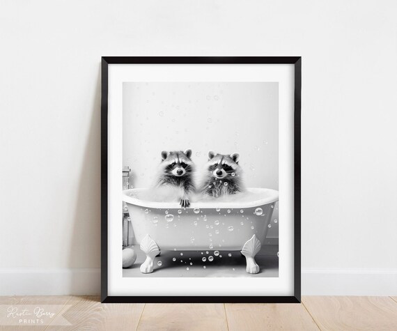 Two Baby Raccoons Bubble Bath Black And White Clawfoot Tub Funny Bathroom Poster