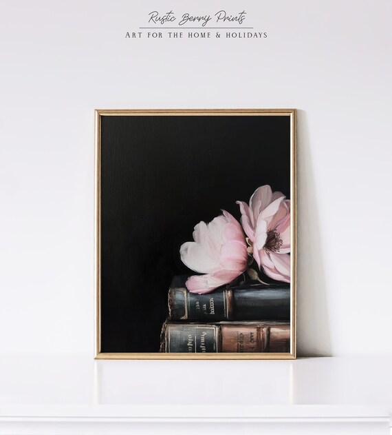Vintage Books Oil Painting Wall Art Vintage Print Cottagecore Flowers Moody Academia Print Instant