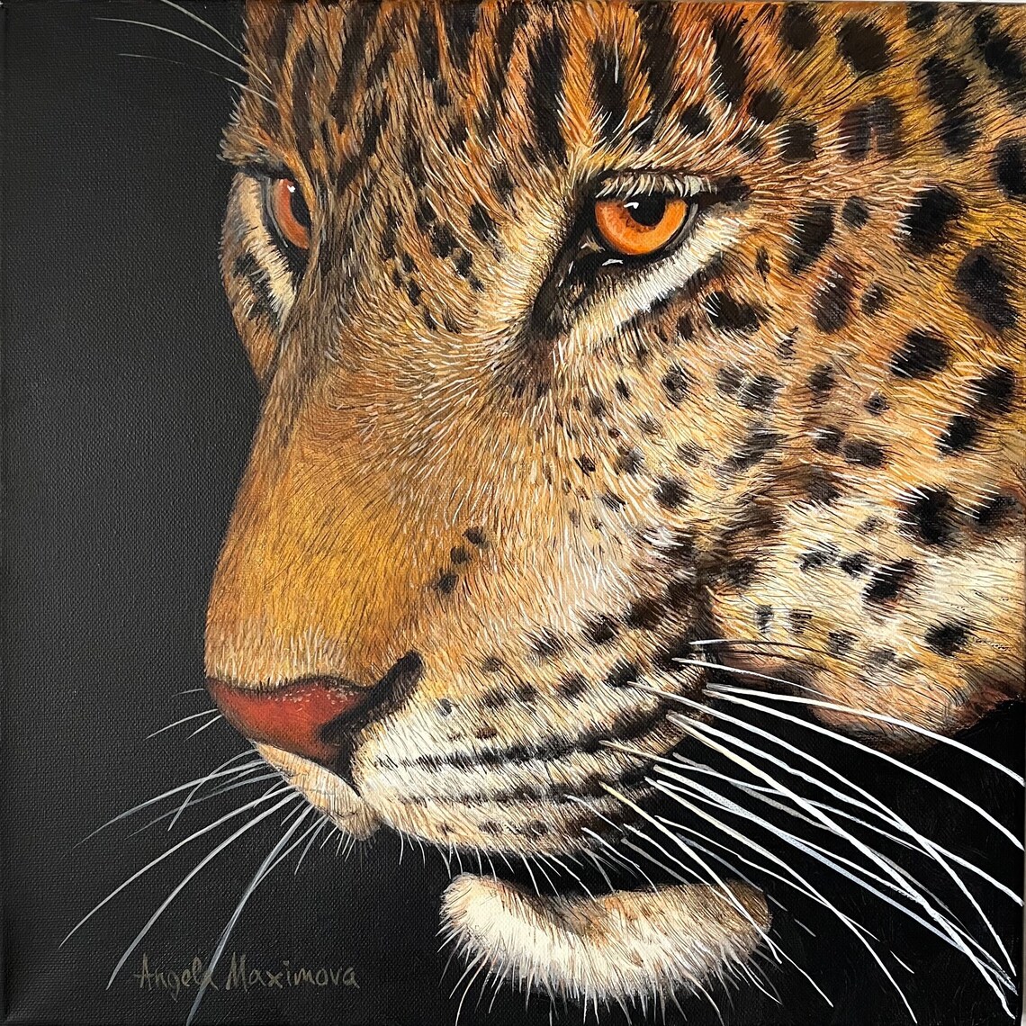 Realistic Leopard Side Profile Portrait Acrylic Painting Black Background Poster - Image 2
