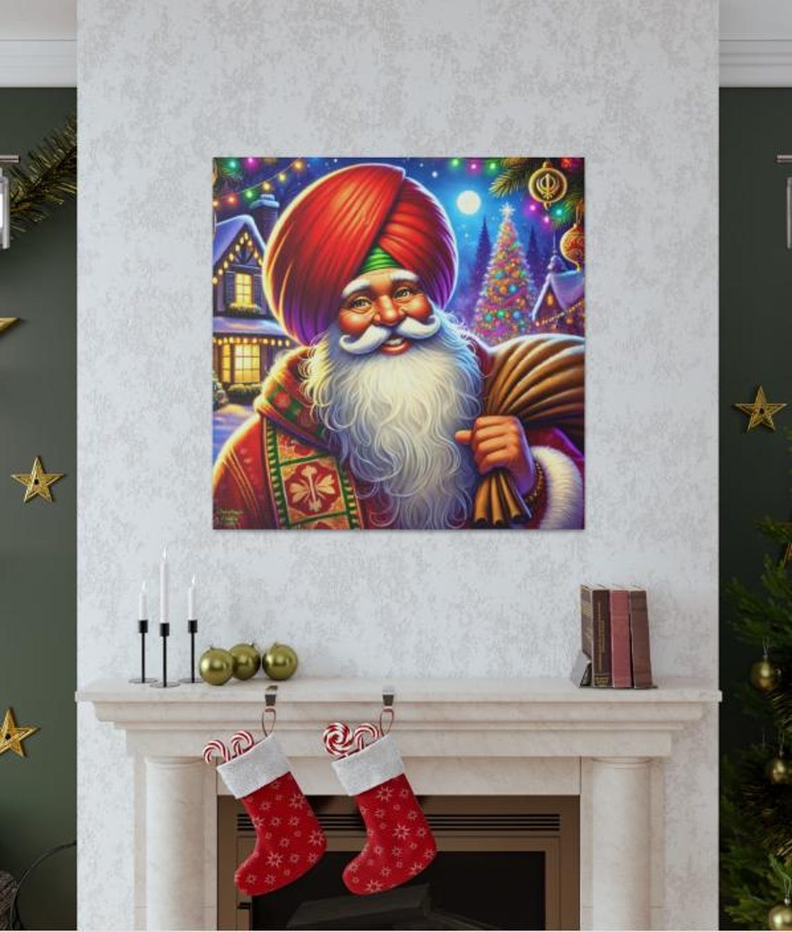 Santa Singh at Night among Snowy Cottages and a Christmas Tree Poster