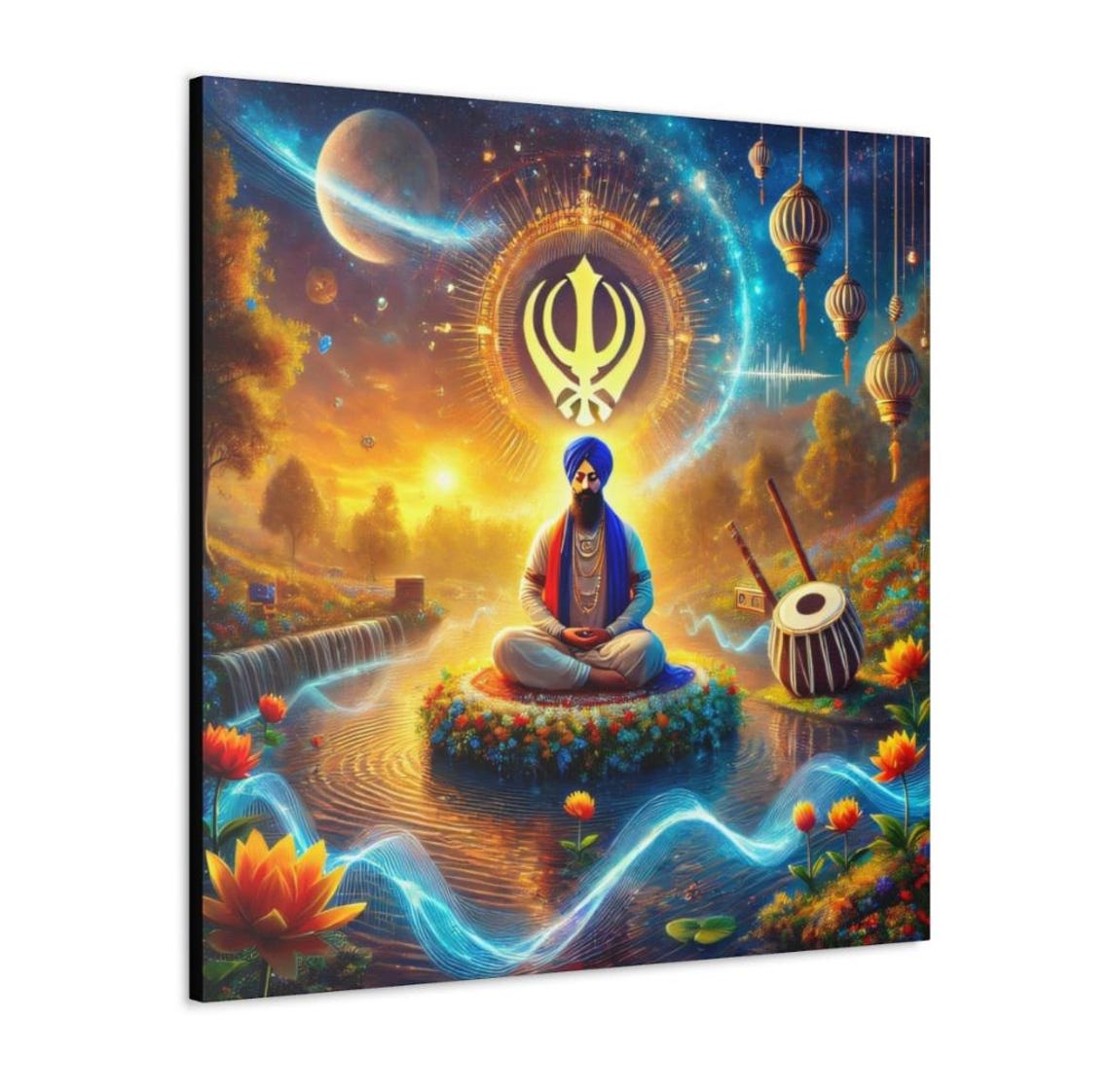 Meditating Sikh on a Flower Island beneath a Glowing Khanda Art Poster