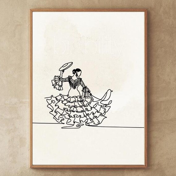 Spanish Flamenco Dress Continuous Line Drawing Vertical Poster Black And White Disney Princess Spain Traditional Decor Gift