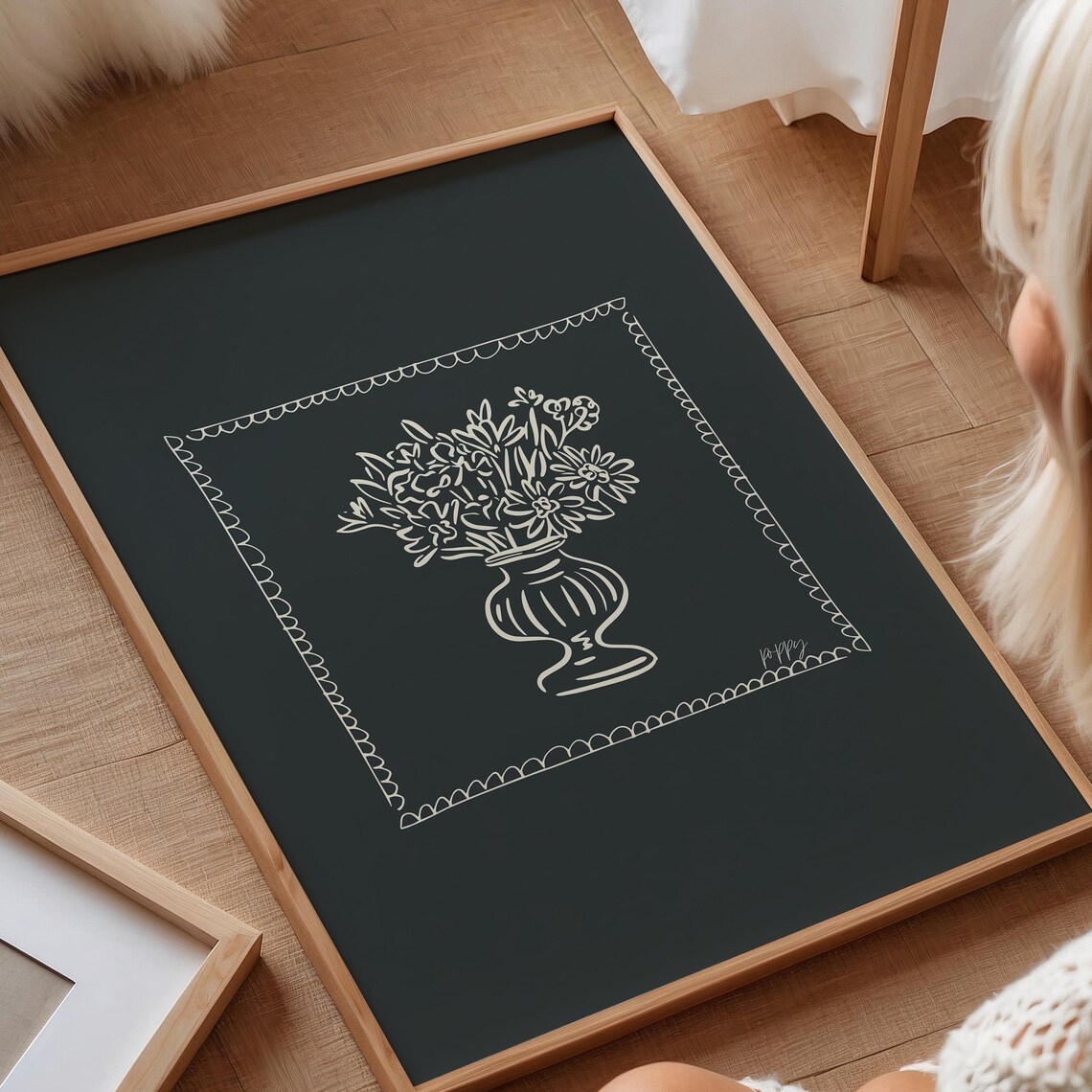 Cream Floral Urn Scalloped Border Charcoal Black Moody Floral Poster