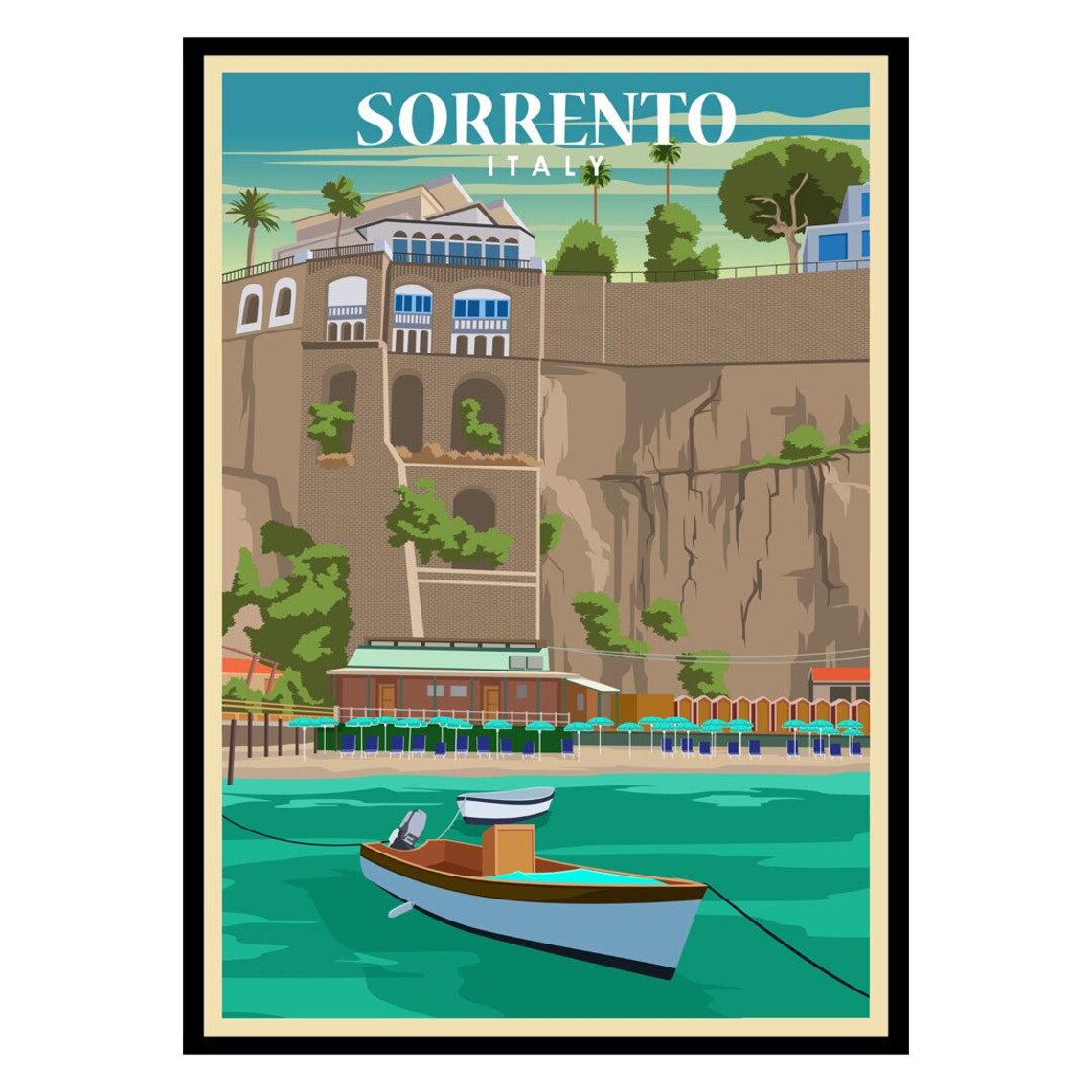 Sorrento Italy Cliffside Harbor Wooden Boat Vintage Travel Poster
