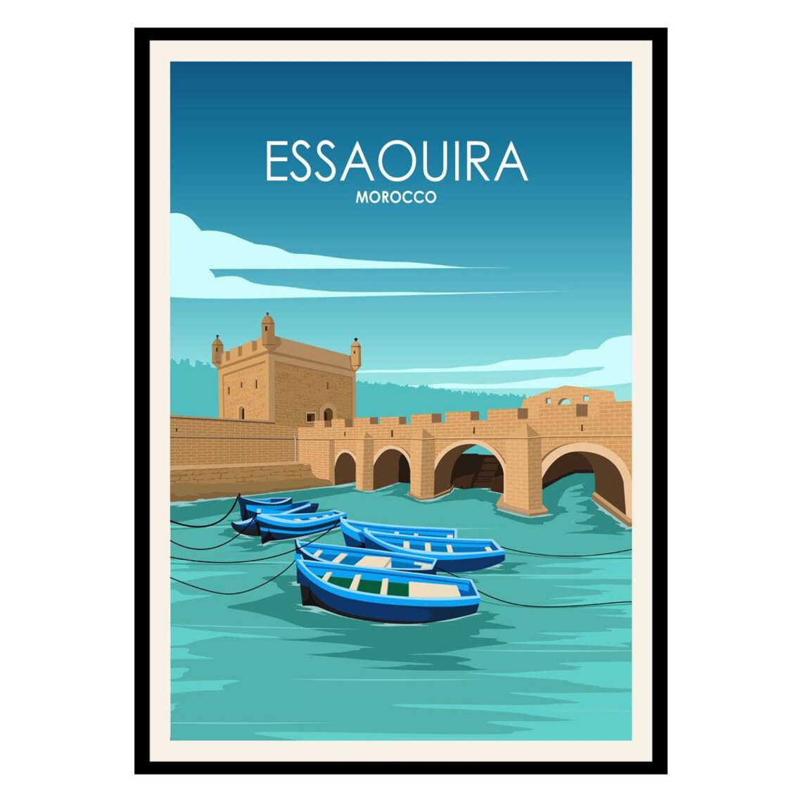 Essaouira Morocco Harbor Fort Blue Boats Vintage Travel Poster