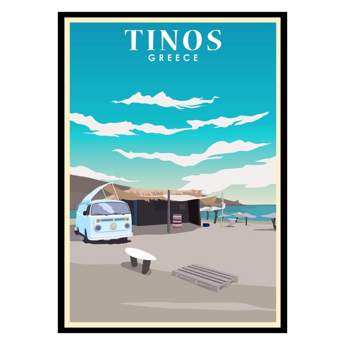Tinos Greece Beach Camper Van Surf Retro Vintage Travel Poster