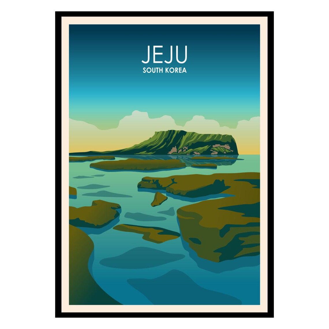 Jeju Island South Korea Volcanic Rock Coast Vintage Travel Poster