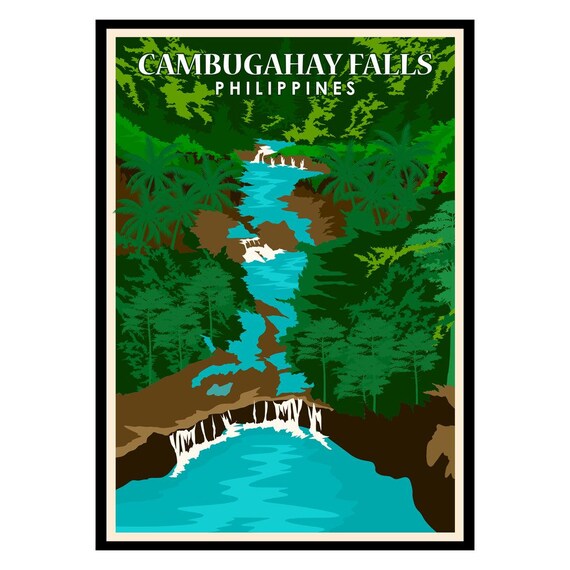 Cambugahay Falls Philippines Turquoise Waterfall Vintage Travel Poster