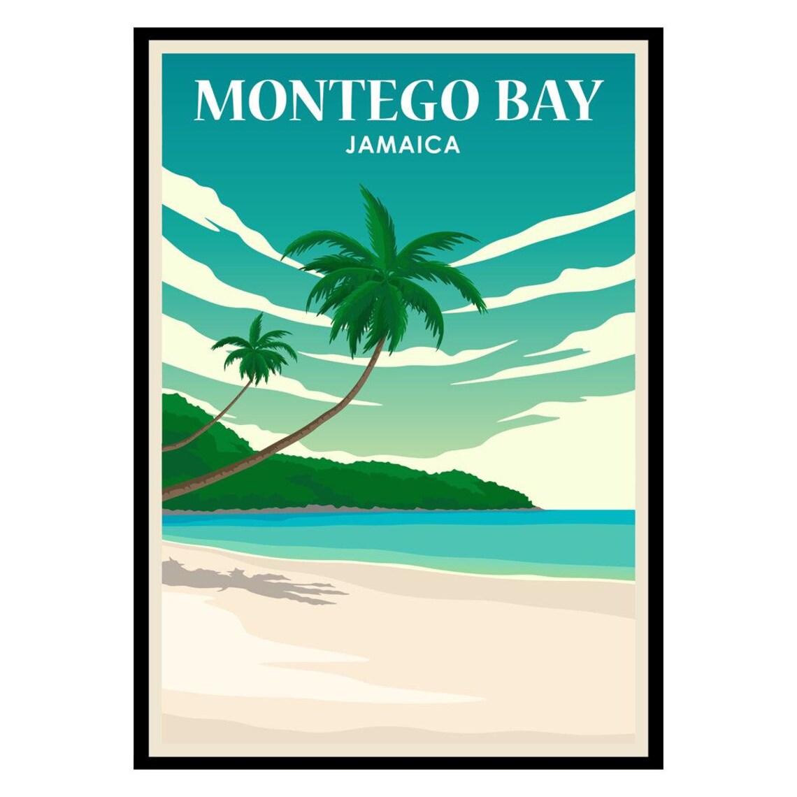 Montego Bay Jamaica Palm Trees Tropical Beach Vintage Travel Poster