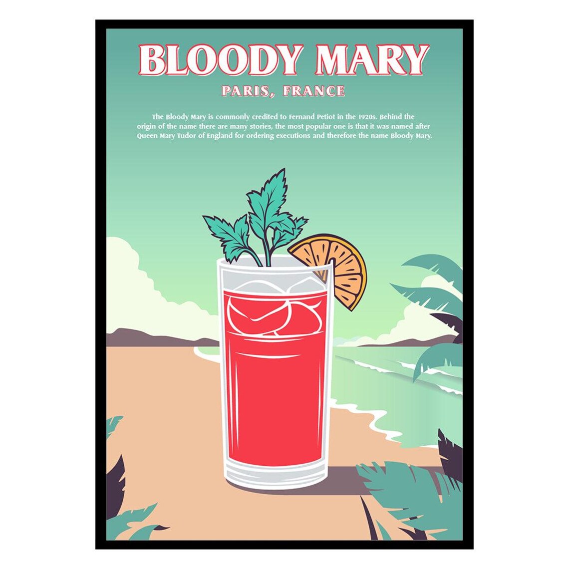 Bloody Mary Paris France Retro Cocktail Recipe Travel Bar Poster