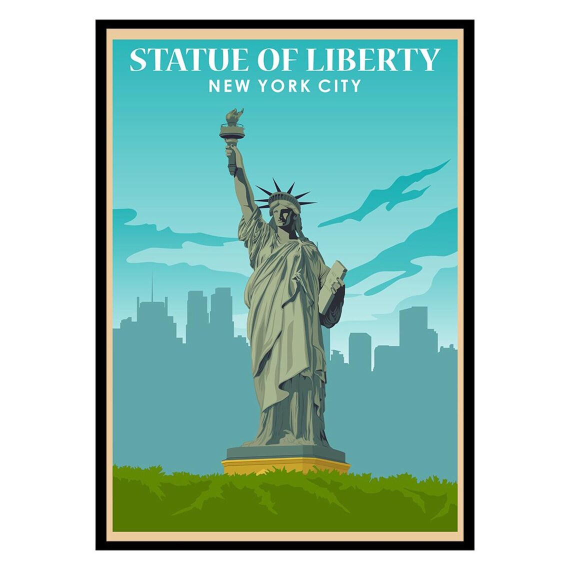Statue Of Liberty New York City Vintage Travel Poster Teal Skyline
