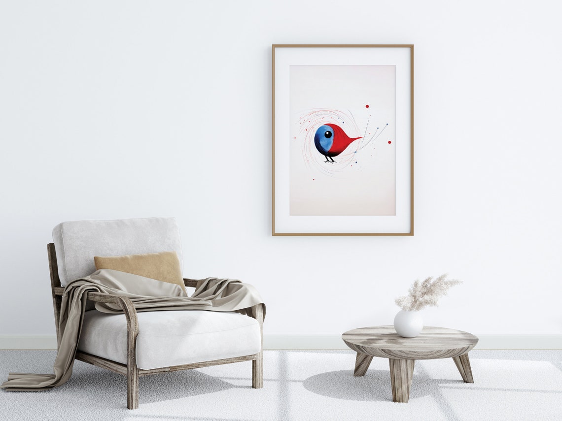 Abstract Red and Blue Round Bird in Swirling Lines Minimalist Poster - Image 3