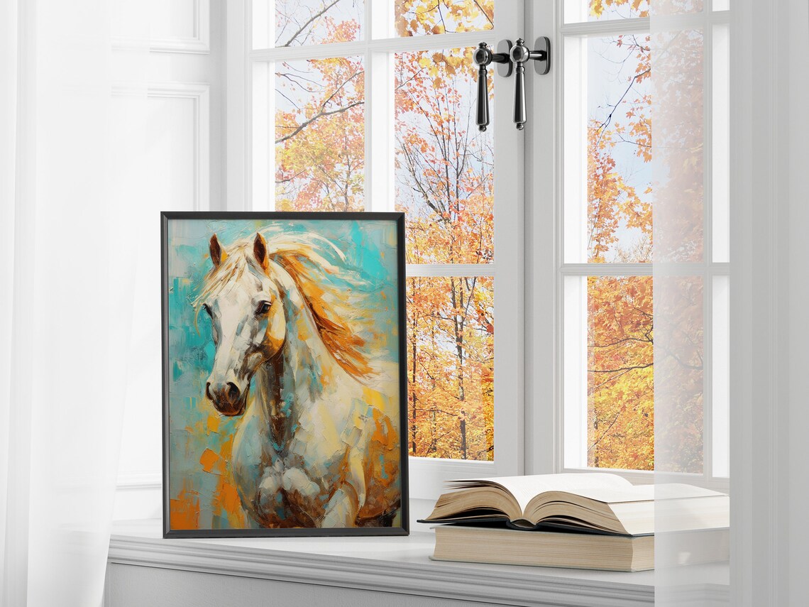 Noble White Horse with Flowing Golden Mane on Teal Impasto Poster - Image 3