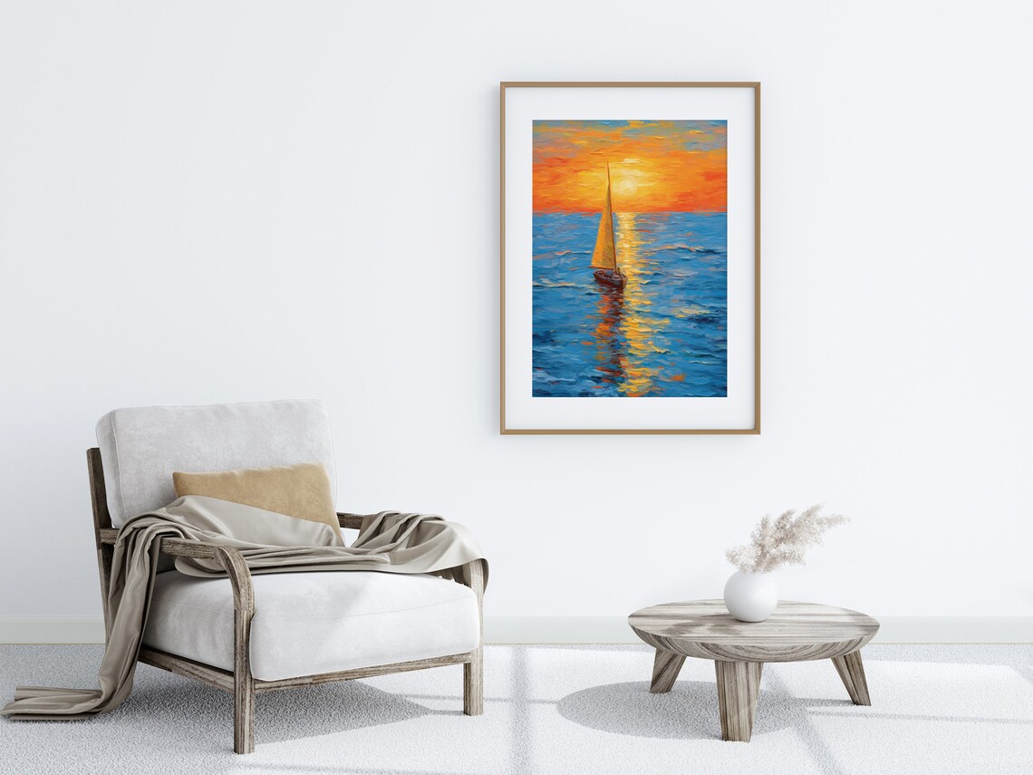 Lone Sailboat Gliding at Golden Sunset Textured Impasto Poster - Image 5