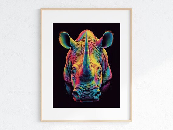 Neon Rainbow Rhino Head Portrait on Black Background Art Poster