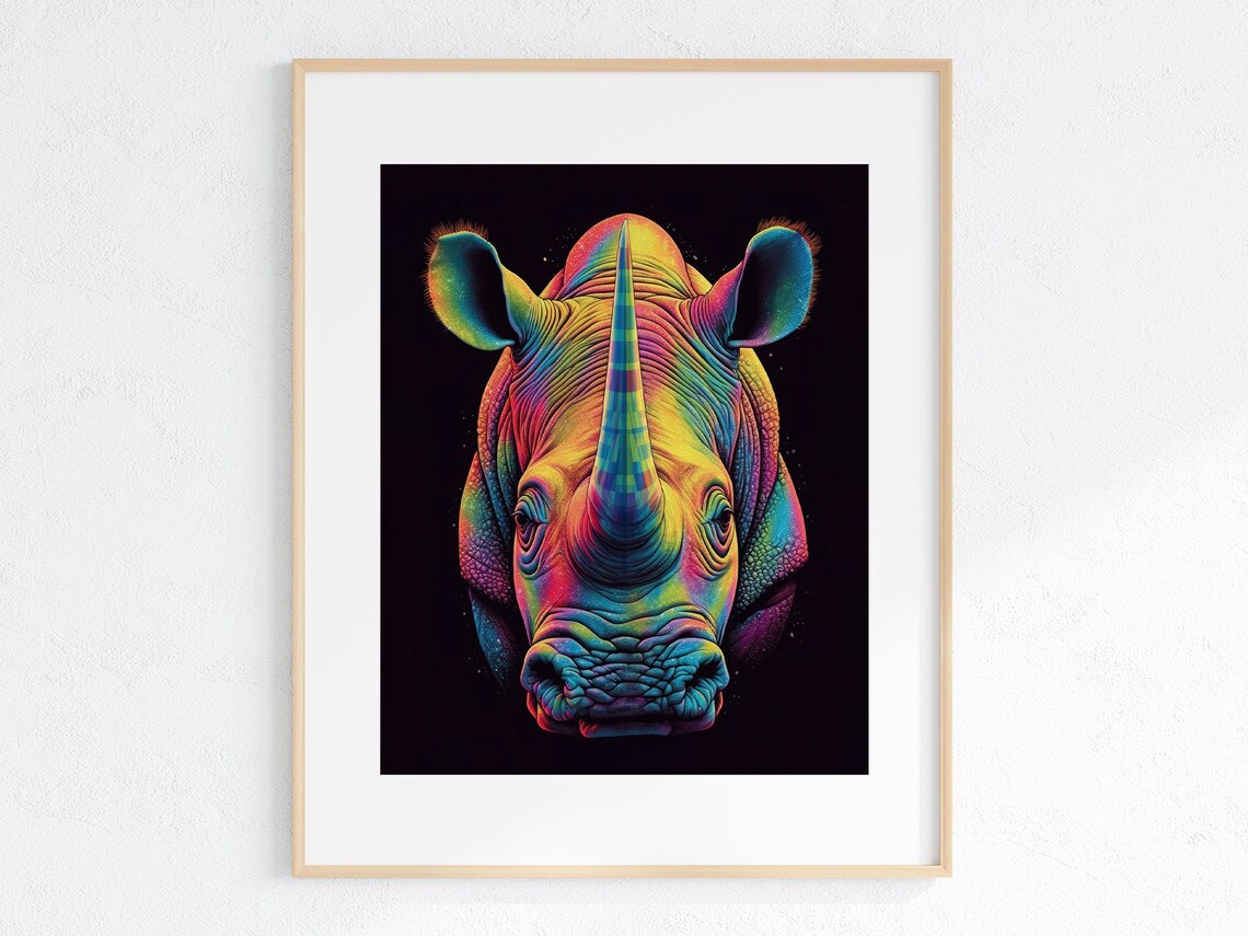 Neon Rainbow Rhino Head Portrait on Black Background Art Poster