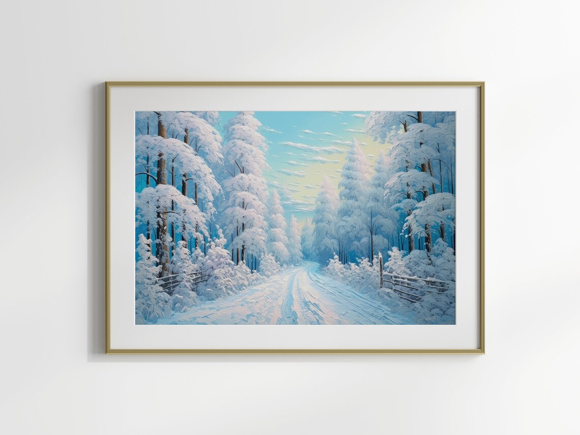 Serene Snowy Winter Road Through Sparkling Frosted Forest Poster