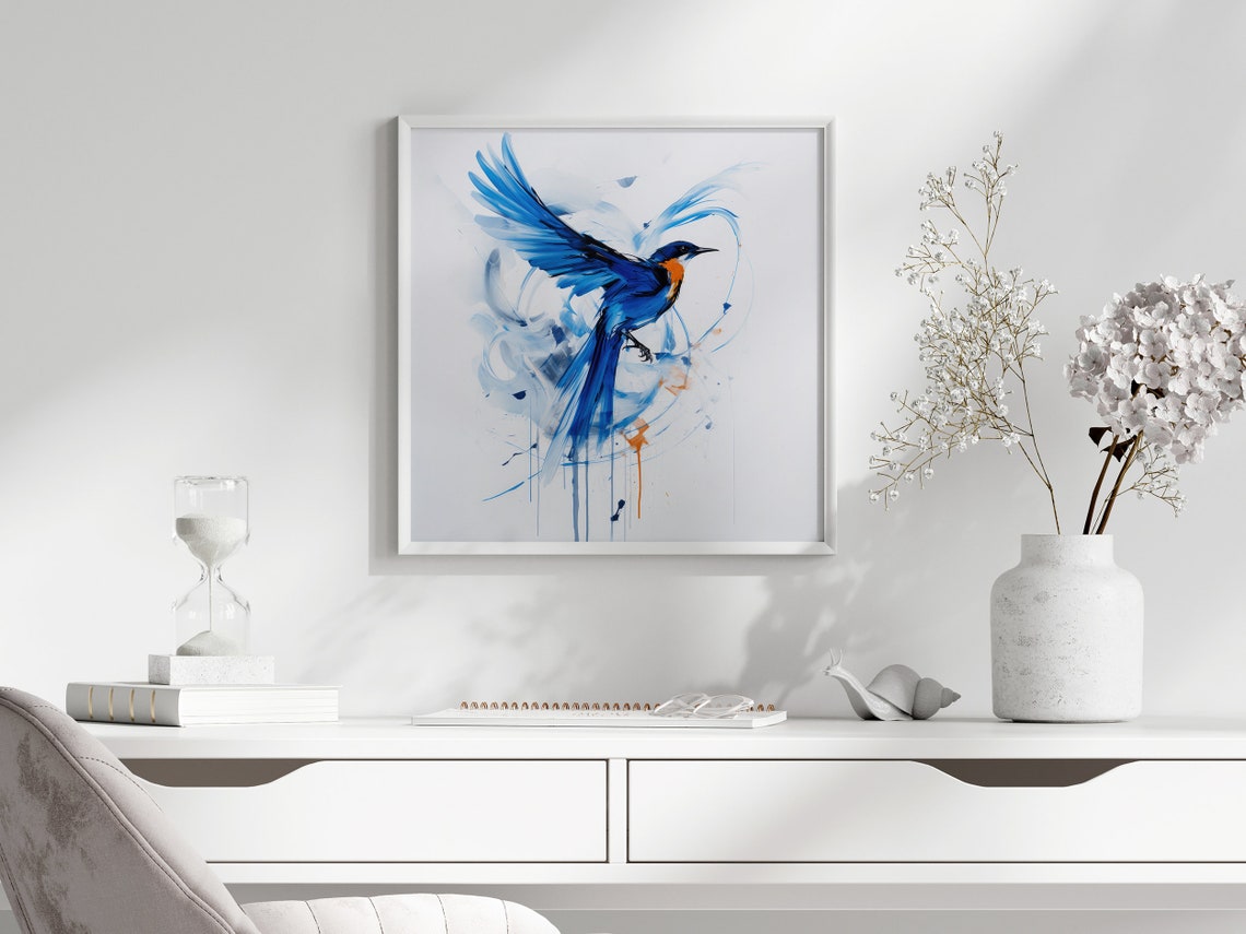 Blue Bird in Flight Abstract Watercolor with Paint Drips Poster - Image 2