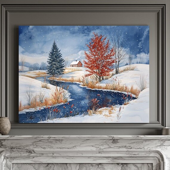 Cabin Beside Winter Stream With Red Autumn Tree In Falling Snow Wall Art