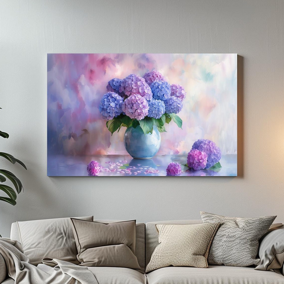 Purple Hydrangeas in Blue Vase Pastel Watercolor Floral Poster