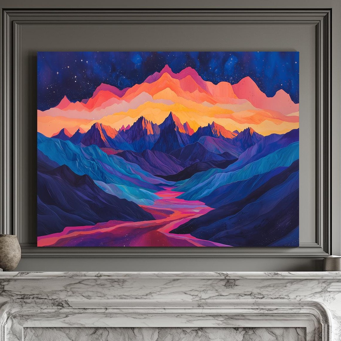 Twilight Over Layered Purple Peaks With Starry Night Sky Art Print