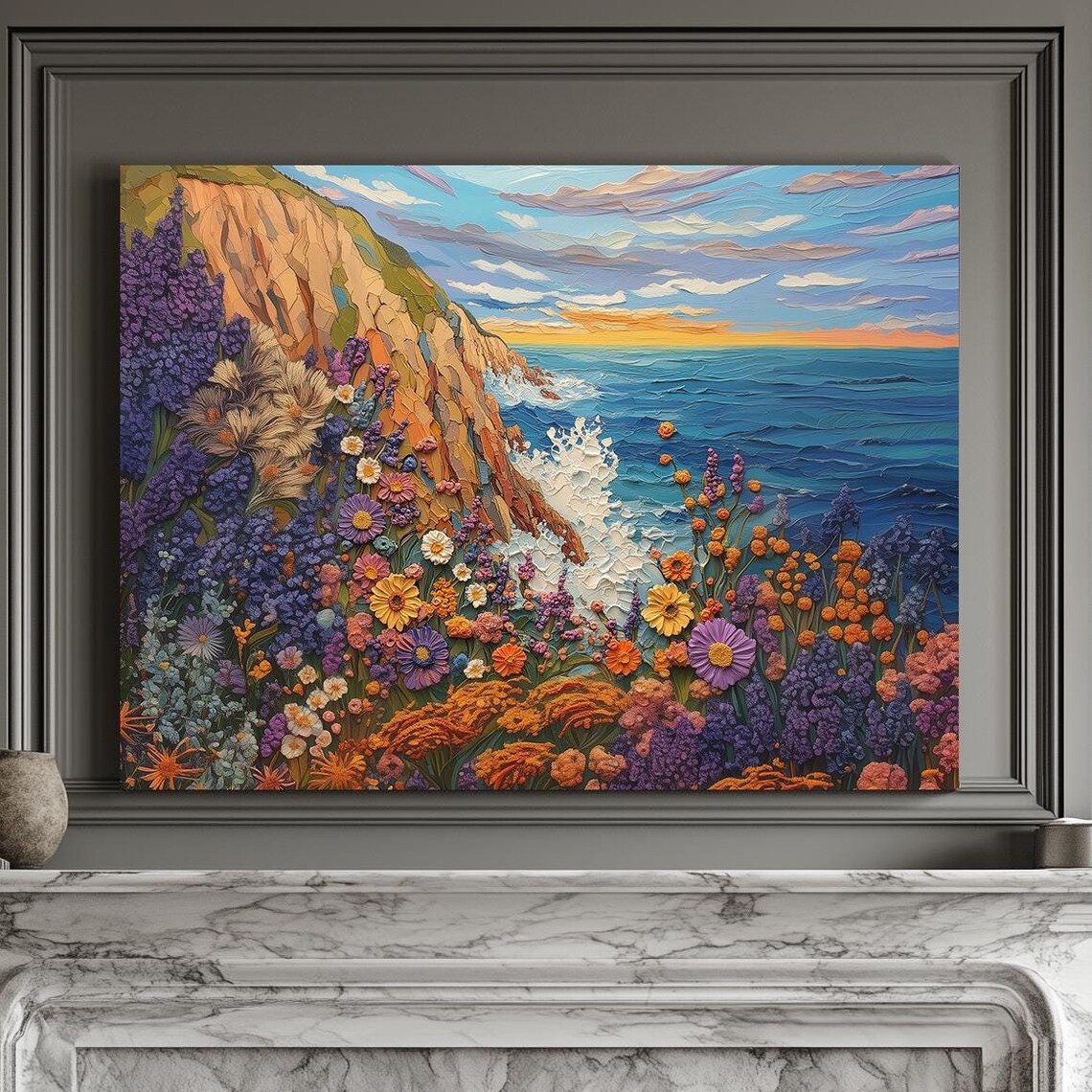 Colorful Impasto Coastal Cliffs Wildflower Oil Painting Print