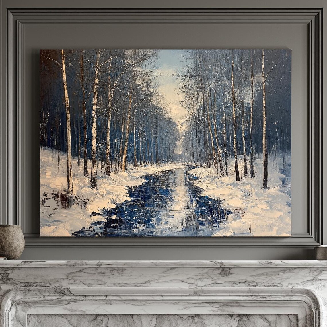 Dark River Winding Through Winter Birch Woods Under Pale Morning Light Poster